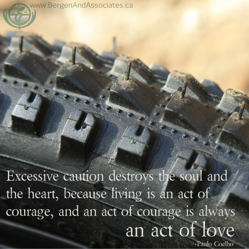 Excessive caution destroys the soul and the heart, because living is an act of courage, and an act of courage is always an act of love poster by Bergen And Associates Therapy in Winnipeg quoting Paulo Coelho